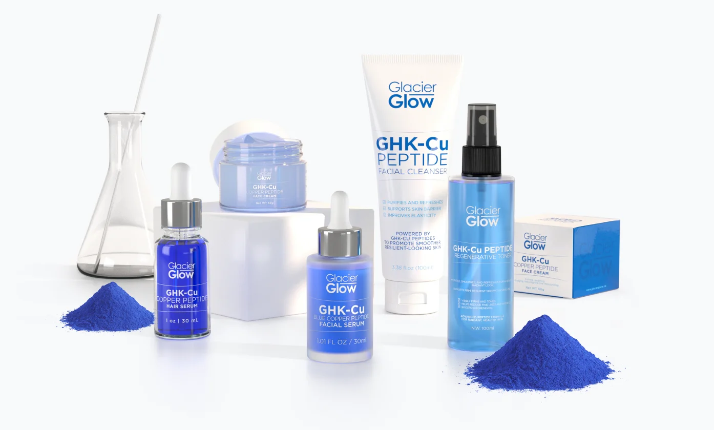 The full GlacierGlow GHK-Cu collection shown with raw blue copper peptide powder